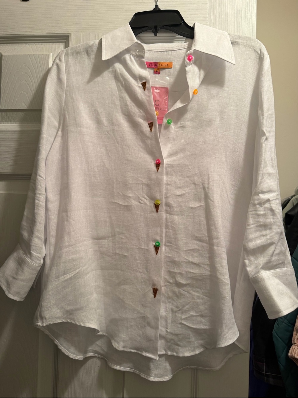 Vilagallo Women’s White Cotton Button-Up Shirt with Ice Cream Buttons